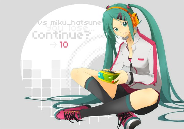 Anime picture 1200x845 with vocaloid vocaloid append hatsune miku hatsune miku (append) twintails green eyes nail polish green hair girl thighhighs black thighhighs detached sleeves socks headphones playstation