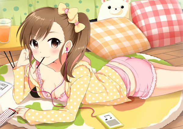 Anime picture 1025x725 with idolmaster futami mami pu uq single long hair looking at viewer blush light erotic brown hair brown eyes lying girl bow hair bow sweets headphones pillow pocky digital media player