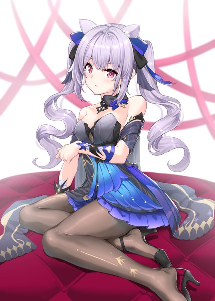 Anime-Bild 2220x3106 mit genshin impact keqing (genshin impact) keqing (opulent splendor) (genshin impact) xin (zinc) single long hair tall image blush fringe highres breasts open mouth simple background hair between eyes large breasts sitting purple eyes twintails bare shoulders payot