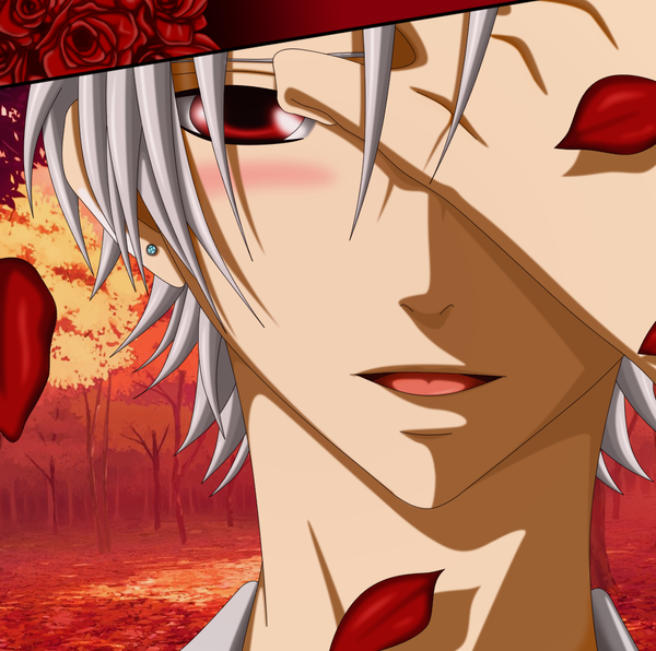 Anime picture 1000x994 with boku wa ookami keita (boku wa ookami) flowerinhell single looking at viewer blush short hair open mouth blonde hair red eyes silver hair boy flower (flowers) plant (plants) shirt petals tree (trees) tongue rose (roses) forest