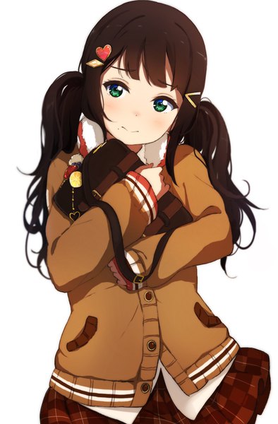 Anime picture 1237x1884 with love live! sunshine!! sunrise (studio) love live! kurosawa dia icehotmilktea single long hair tall image looking at viewer blush fringe simple background hair between eyes brown hair white background twintails green eyes blunt bangs head tilt light smile