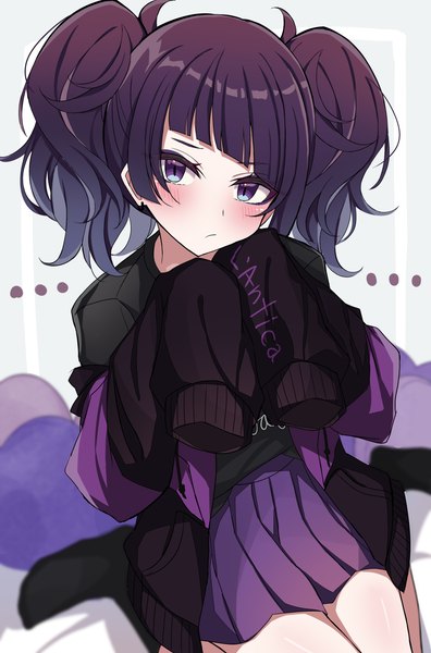 Anime picture 2840x4300 with idolmaster idolmaster shiny colors tanaka mamimi meiji (meizi493) single tall image looking at viewer blush fringe highres short hair sitting twintails purple eyes purple hair long sleeves pleated skirt wariza short twintails girl