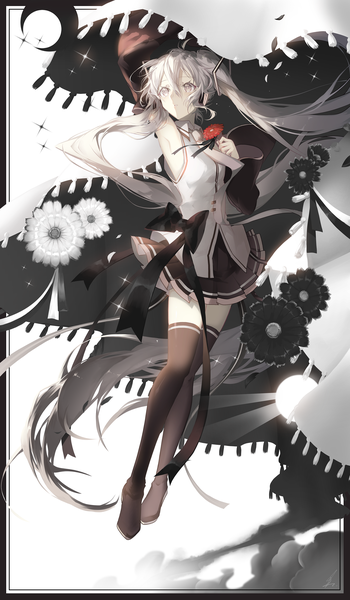 Anime picture 1809x3100 with vocaloid hatsune miku saihate (d3) single tall image fringe highres breasts hair between eyes twintails holding looking away cloud (clouds) full body ahoge long sleeves very long hair pleated skirt grey hair arms up