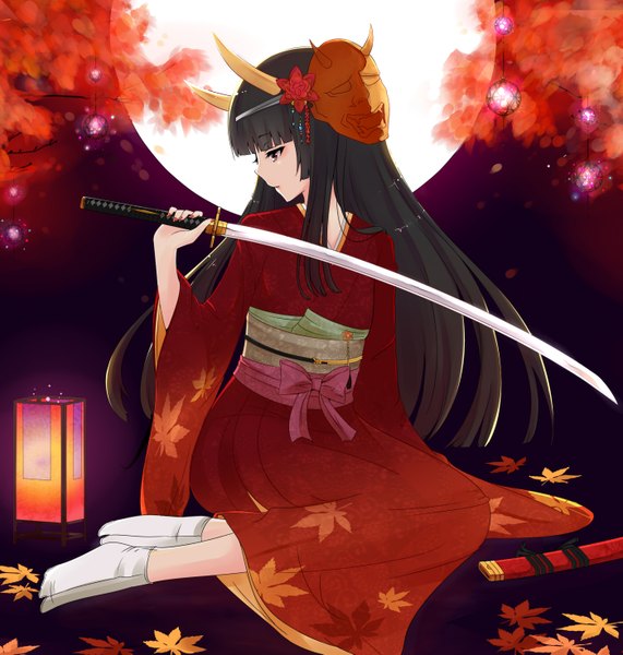 Anime picture 1400x1471 with original nuko (mikupantu) single long hair tall image black hair red eyes sitting nail polish japanese clothes profile hair flower horn (horns) demon girl oni horns mask on head demon girl hair ornament weapon