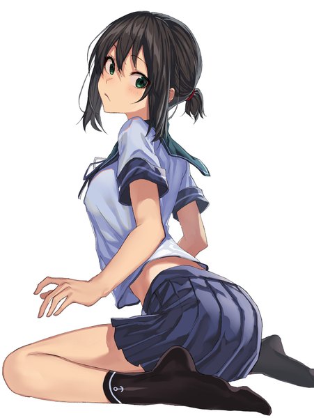 Anime picture 1541x2048 with kantai collection fubuki destroyer oweee single tall image looking at viewer blush fringe short hair breasts light erotic black hair simple background hair between eyes white background sitting green eyes payot full body bent knee (knees)