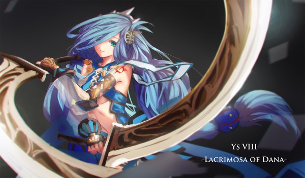 Anime picture 1920x1124 with ys ys viii lacrimosa of dana falcom (studio) dana (ys) caang yue xue feeng single looking at viewer fringe highres breasts simple background wide image holding green eyes blue hair very long hair parted lips hair over one eye tattoo copyright name