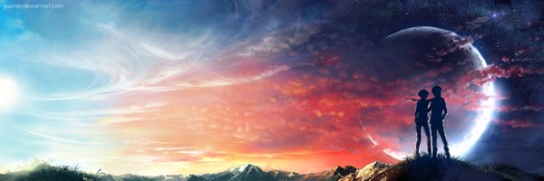 Anime picture 2000x667 with original yuumei long hair short hair wide image sky cloud (clouds) ponytail from behind sunlight night multiple boys night sky hug mountain face to face sunbeam red sky girl boy