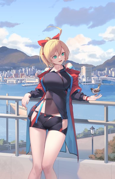Anime picture 4000x6179 with fate (series) fate/grand order nero claudius (fate) nian (zhanian) single tall image fringe highres short hair open mouth blonde hair hair between eyes standing bare shoulders looking away absurdres ahoge outdoors ponytail :d