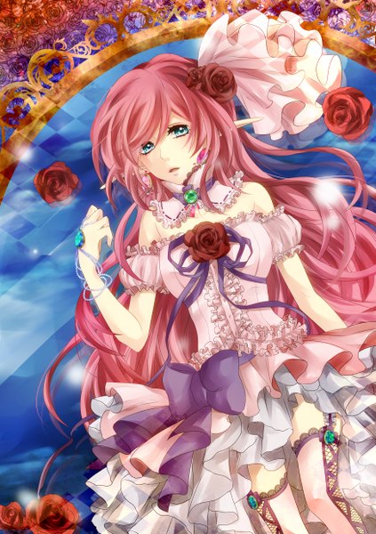 Anime picture 1748x2480 with rico (fbn3) long hair tall image highres green eyes pink hair girl thighhighs dress flower (flowers) bow rose (roses) jewelry red rose