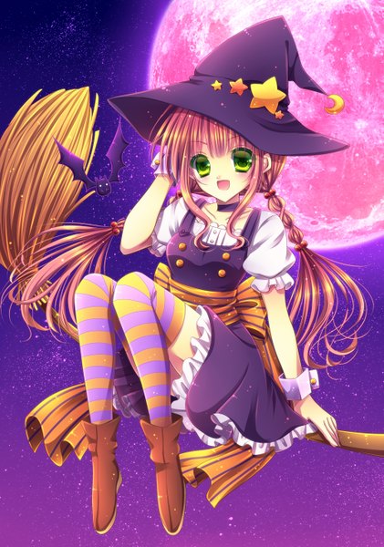 Anime picture 2000x2850 with original momomiya mion long hair tall image blush highres open mouth brown hair green eyes witch red moon girl thighhighs dress shoes star (symbol) witch hat striped thighhighs bat moon (symbol)