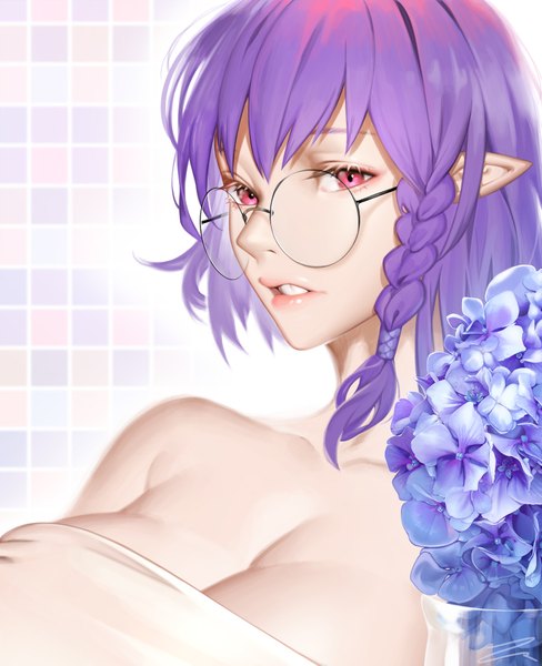 Anime picture 814x1000 with original tungsten single long hair tall image looking at viewer fringe breasts light erotic simple background payot cleavage purple hair upper body braid (braids) pink eyes lips pointy ears huge breasts side braid