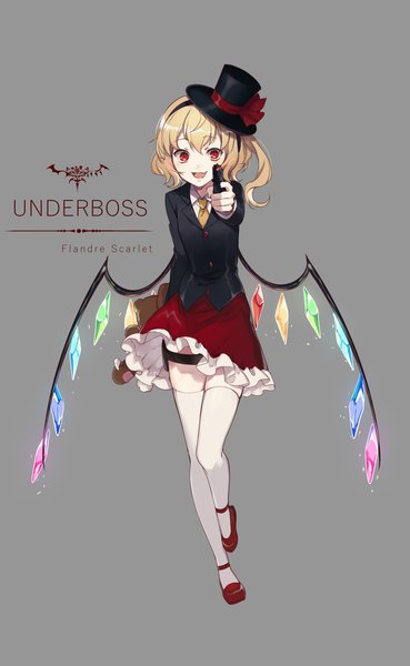 Anime-Bild 1151x1870 mit touhou flandre scarlet ekita xuan single tall image looking at viewer fringe short hair open mouth simple background blonde hair red eyes full body :d grey background character names one side up girl thighhighs weapon