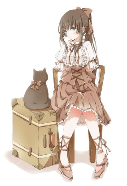 Anime picture 887x1300 with original hiro (hirohiro31) long hair tall image looking at viewer blush fringe blue eyes simple background brown hair white background sitting bent knee (knees) hands behind back gothic girl ribbon (ribbons) bow hair ribbon animal