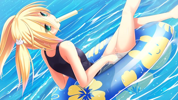 Anime picture 2560x1440 with love la bride yuki nao mutou kurihito long hair blush highres blonde hair wide image twintails green eyes game cg afloat girl swimsuit water food sweets ice cream swim ring