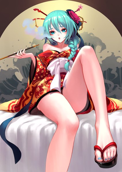 Anime picture 1350x1910 with vocaloid hatsune miku fkey single long hair tall image looking at viewer fringe breasts light erotic hair between eyes sitting bare shoulders holding braid (braids) long sleeves nail polish traditional clothes japanese clothes hair flower