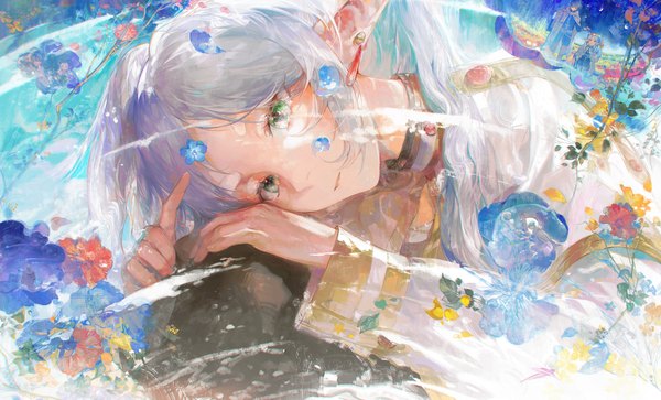 Anime picture 3467x2100 with sousou no frieren frieren daylightallure single long hair highres wide image sitting green eyes looking away absurdres silver hair pointy ears elf girl flower (flowers) earrings