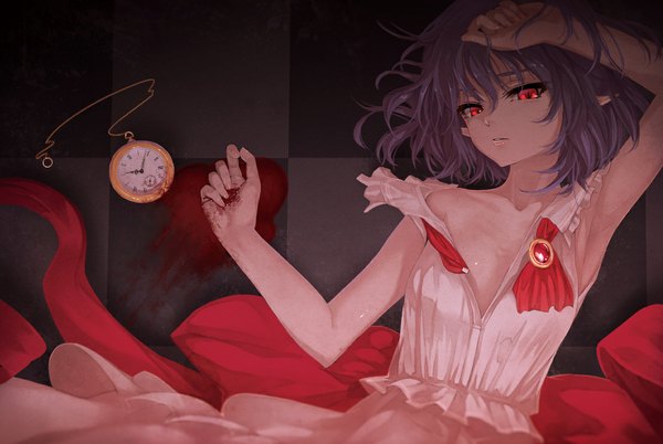 Anime picture 1108x744 with touhou remilia scarlet ibuki notsu single looking at viewer fringe short hair light erotic purple hair lying lips pointy ears off shoulder open clothes on back dark background checkered floor floor vampire girl