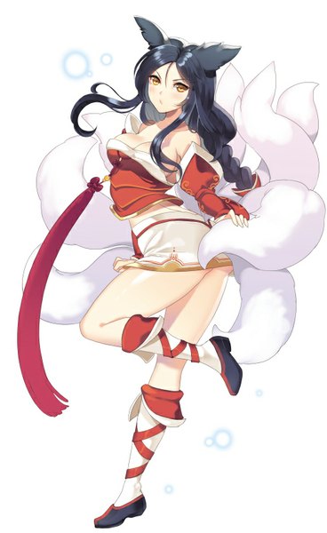 Anime picture 515x838 with league of legends ahri (league of legends) dakun87 (artist) single long hair tall image looking at viewer blush breasts light erotic black hair bare shoulders animal ears yellow eyes tail fox girl multiple tails girl detached sleeves