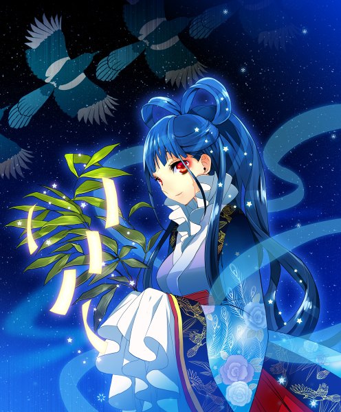 Anime picture 992x1200 with original mami (apsaras) single long hair tall image looking at viewer red eyes holding blue hair light smile chinese clothes tanabata girl plant (plants) animal bird (birds) star (stars)