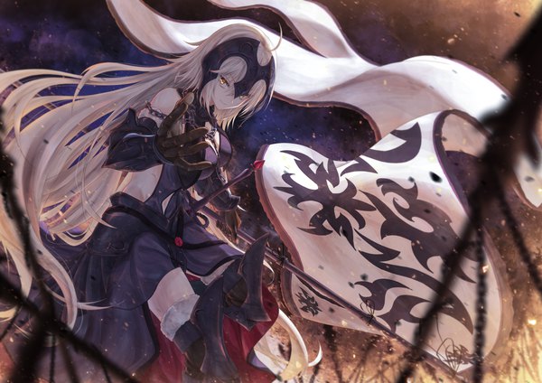 Anime picture 4961x3508 with fate (series) fate/grand order jeanne d'arc (fate) (all) jeanne d'arc alter (fate) jeanne d'arc alter (avenger) (third ascension) (fate) bae.c single long hair looking at viewer fringe highres breasts smile hair between eyes standing holding yellow eyes absurdres silver hair outdoors