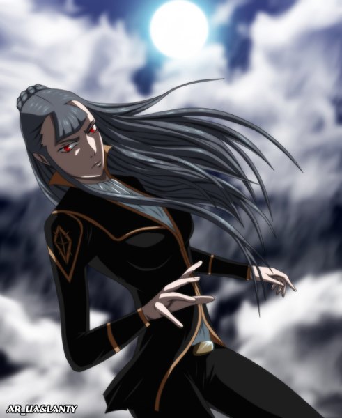 Anime picture 1024x1252 with noblesse erga kenesis di raskreia ar-ua single long hair tall image looking at viewer fringe red eyes standing signed cloud (clouds) grey hair midriff night sky coloring arched back girl belt pants