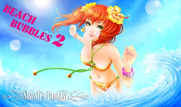 Anime picture 1920x1140 with beach bubbles 2 (game) shawli single long hair highres light erotic wide image green eyes sky cloud (clouds) nail polish hair flower light smile lips sunlight orange hair realistic inscription midriff girl