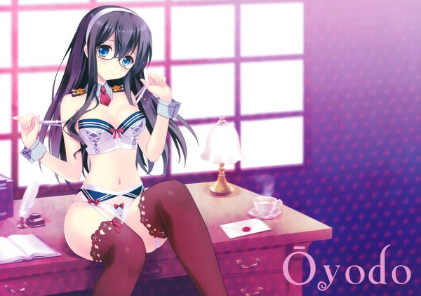 Anime picture 4688x3300 with kantai collection ooyodo light cruiser carnelian single long hair looking at viewer highres breasts blue eyes light erotic black hair sitting absurdres underwear only girl thighhighs navel underwear panties glasses