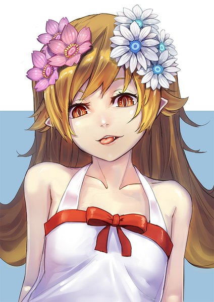 Anime picture 636x900 with bakemonogatari shaft (studio) monogatari (series) oshino shinobu raijuu (bakanara) single long hair tall image looking at viewer fringe blonde hair simple background bare shoulders hair flower pointy ears orange eyes girl dress hair ornament flower (flowers)