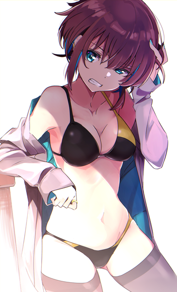 Anime picture 2151x3530 with original kazenoko single tall image looking at viewer fringe highres short hair light erotic simple background hair between eyes brown hair white background payot nail polish head tilt aqua eyes off shoulder open jacket sleeves past wrists
