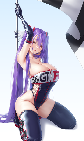 Anime-Bild 1500x2500 mit original silver tokki single tall image looking at viewer fringe breasts light erotic simple background hair between eyes large breasts twintails holding cleavage purple hair full body very long hair parted lips head tilt light smile