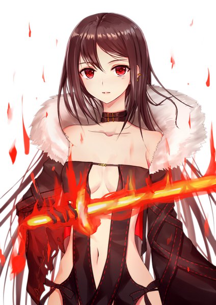 Anime picture 999x1413 with fate (series) fate/grand order yu mei-ren (fate) seungju lee single long hair tall image looking at viewer blush fringe light erotic simple background hair between eyes red eyes brown hair standing white background bare shoulders holding parted lips
