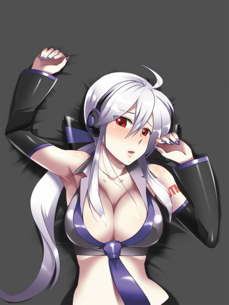 Anime picture 1008x1339 with vocaloid yowane haku single long hair tall image looking at viewer blush breasts open mouth light erotic blonde hair red eyes large breasts bare shoulders white hair grey background open clothes armpit (armpits) girl bow