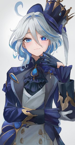 Anime picture 2486x4785 with genshin impact furina (genshin impact) yonesdraws single long hair tall image looking at viewer fringe highres blue eyes simple background hair between eyes silver hair upper body ahoge multicolored hair grey background heterochromia colored inner hair :3