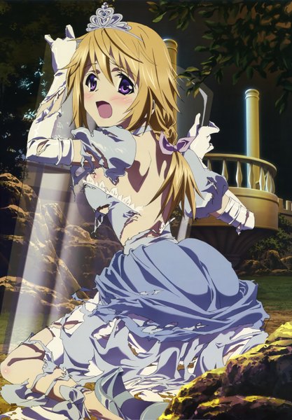 Anime picture 4080x5869 with infinite stratos 8bit nyantype charles dunois long hair tall image blush highres open mouth blonde hair purple eyes absurdres official art torn clothes girl dress gloves elbow gloves tiara