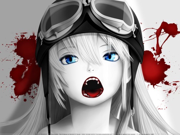 Anime picture 2048x1536 with bakemonogatari shaft (studio) monogatari (series) oshino shinobu redjuice luches single long hair looking at viewer highres open mouth blue eyes teeth fang (fangs) dated spot color derivative work girl blood goggles