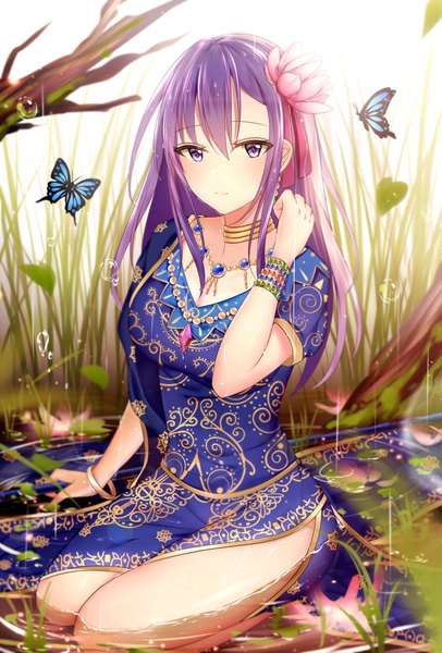 Anime picture 3000x4429 with fate (series) fate/stay night matou sakura parvati (fate/grand order) junpaku karen single long hair tall image looking at viewer blush fringe highres hair between eyes sitting purple eyes cleavage purple hair outdoors hair flower short sleeves