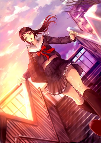 Anime picture 900x1273 with original konekoneko (indonesia) single long hair tall image looking at viewer open mouth black hair purple eyes sky cloud (clouds) ponytail bare belly from below evening sunset girl skirt uniform miniskirt