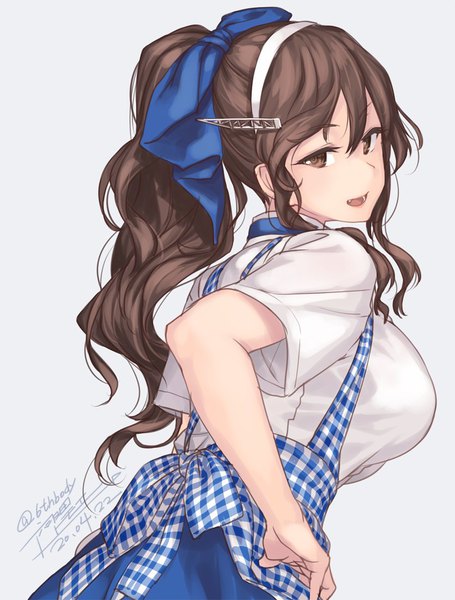 Anime picture 835x1100 with kantai collection ashigara heavy cruiser rokuwata tomoe single long hair tall image fringe breasts simple background hair between eyes brown hair large breasts brown eyes signed ponytail looking back twitter username dated girl uniform