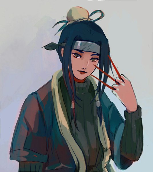 Anime picture 1280x1435 with naruto studio pierrot naruto (series) haku (naruto) single long hair tall image looking at viewer simple background brown eyes long sleeves grey background wide sleeves hair bun (hair buns) boy hair ornament sweater hair tubes forehead protector