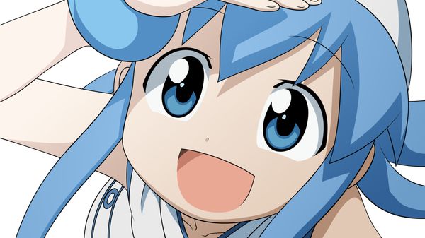 Anime picture 1280x720 with shinryaku! ika musume ika musume single long hair open mouth blue eyes smile wide image blue hair transparent background girl hat bracelet