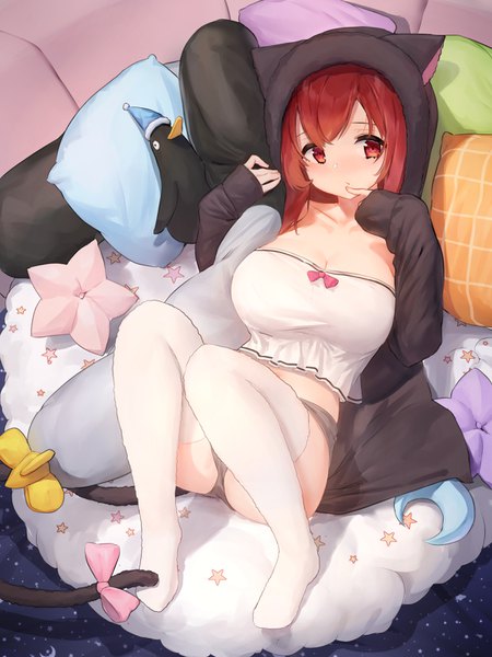 Anime picture 1200x1600 with azur lane i-19 (azur lane) i-19 (pillowy paradise) (azur lane) yashemao qishi single long hair tall image looking at viewer blush fringe breasts light erotic hair between eyes red eyes large breasts animal ears payot cleavage full body bent knee (knees)