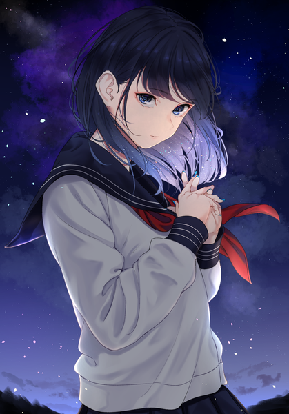 Anime picture 1668x2388 with original saitou (lynx-shrike) single long hair tall image looking at viewer fringe blue eyes black hair cloud (clouds) outdoors long sleeves nail polish head tilt multicolored hair fingernails night night sky hands clasped girl