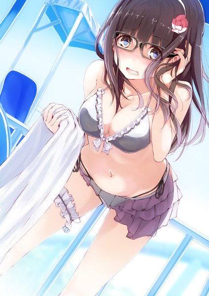 Anime picture 1488x2104 with original asterism single long hair tall image looking at viewer blush breasts open mouth blue eyes light erotic black hair cleavage girl navel hair ornament swimsuit bikini glasses frills