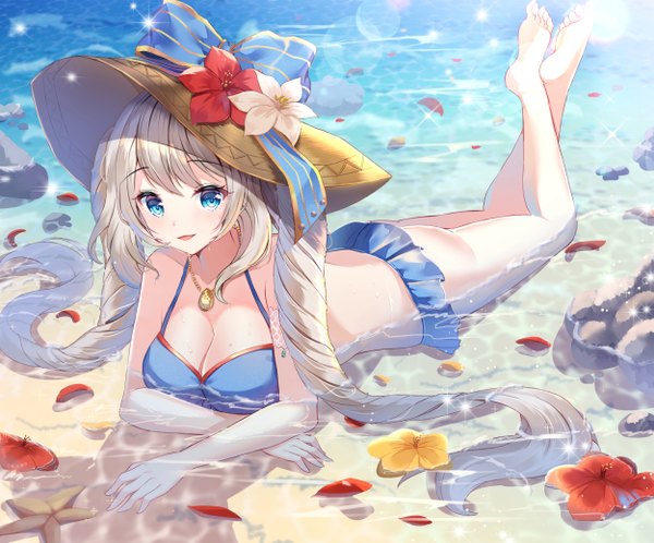 Anime picture 2500x2075 with fate (series) fate/grand order marie antoinette (fate/grand order) marie antoinette (swimsuit caster) (fate) rerin (rerin913) single long hair looking at viewer blush fringe highres breasts open mouth blue eyes light erotic smile hair between eyes large breasts twintails bare shoulders