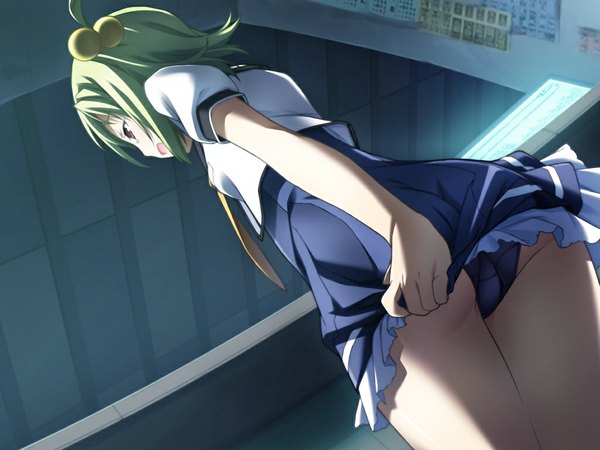 Anime picture 1024x768 with baldr (series) baldr sky baldr sky dive 2 giga wakakusa nanoha short hair open mouth light erotic red eyes game cg ponytail green hair from below pantyshot tears side ponytail girl uniform hair ornament necktie