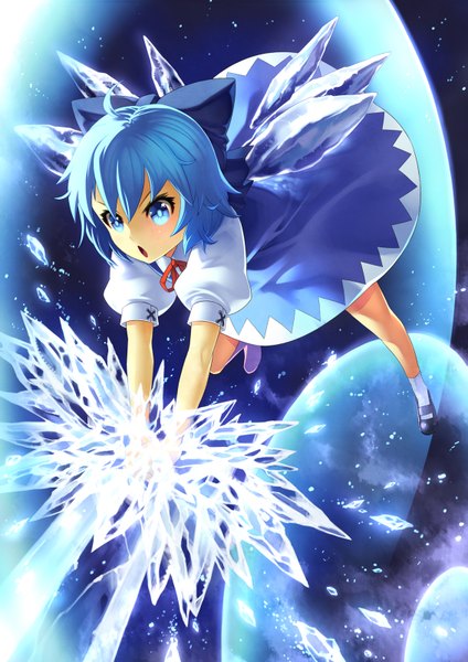 Anime picture 1131x1600 with touhou cirno kunieda single tall image open mouth blue eyes blue hair magic girl bow hair bow wings socks white socks crystal ice