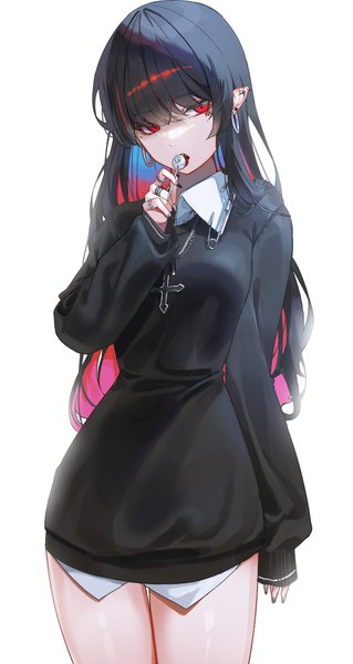 Anime picture 3195x6000 with original domi (hyaku8795) single long hair tall image fringe highres simple background hair between eyes standing white background looking away absurdres long sleeves nail polish head tilt multicolored hair pointy ears mole mole under eye
