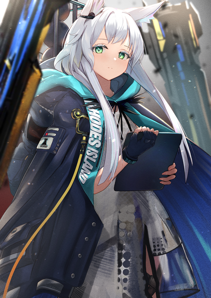 Anime picture 827x1169 with arknights rosmontis (arknights) nokke o single long hair tall image looking at viewer fringe holding green eyes animal ears silver hair girl gloves fingerless gloves hood infection monitor (arknights)