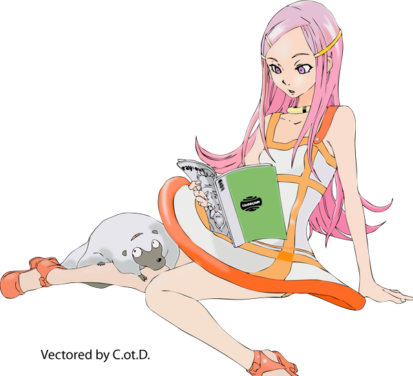 Anime picture 2150x1959 with eureka seven studio bones anemone single long hair highres open mouth sitting pink hair pink eyes transparent background vector reading girl hair ornament animal book (books) bobby pin sundress