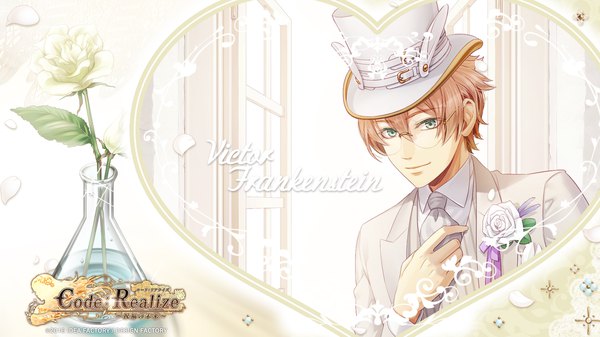Anime picture 1920x1080 with code: realize ~sousei no himegimi~ victor frankenstein miko (artist) single looking at viewer fringe highres short hair hair between eyes brown hair wide image green eyes upper body long sleeves head tilt official art sparkle copyright name character names adjusting clothes